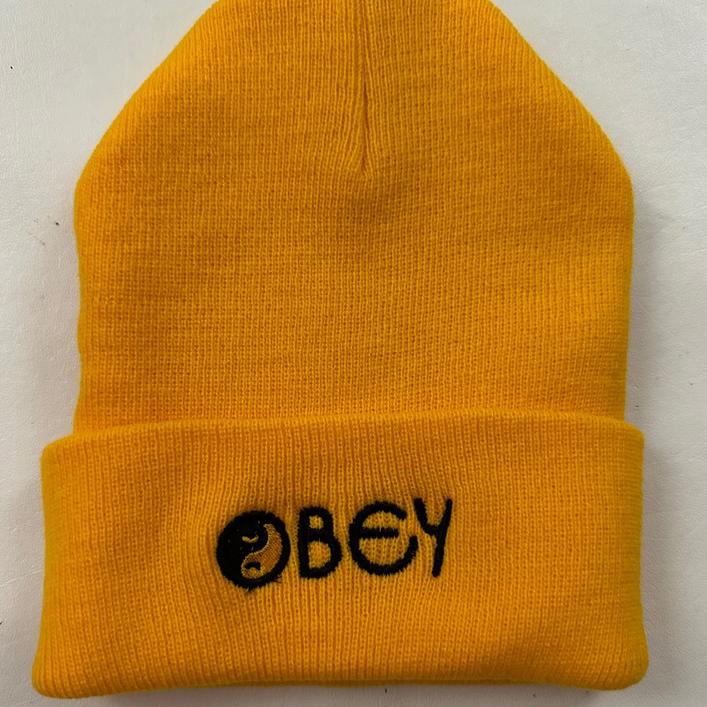 New Obey Logo Knit Cuffed Graphic Yellow Beanie One Size